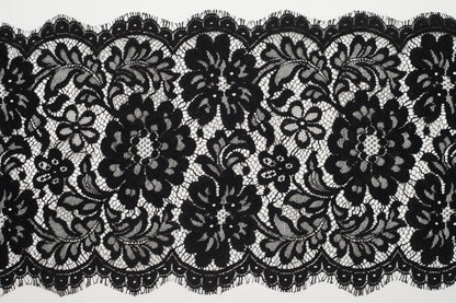 9 Jet Black Scallop-Edged Floral Lace Trim