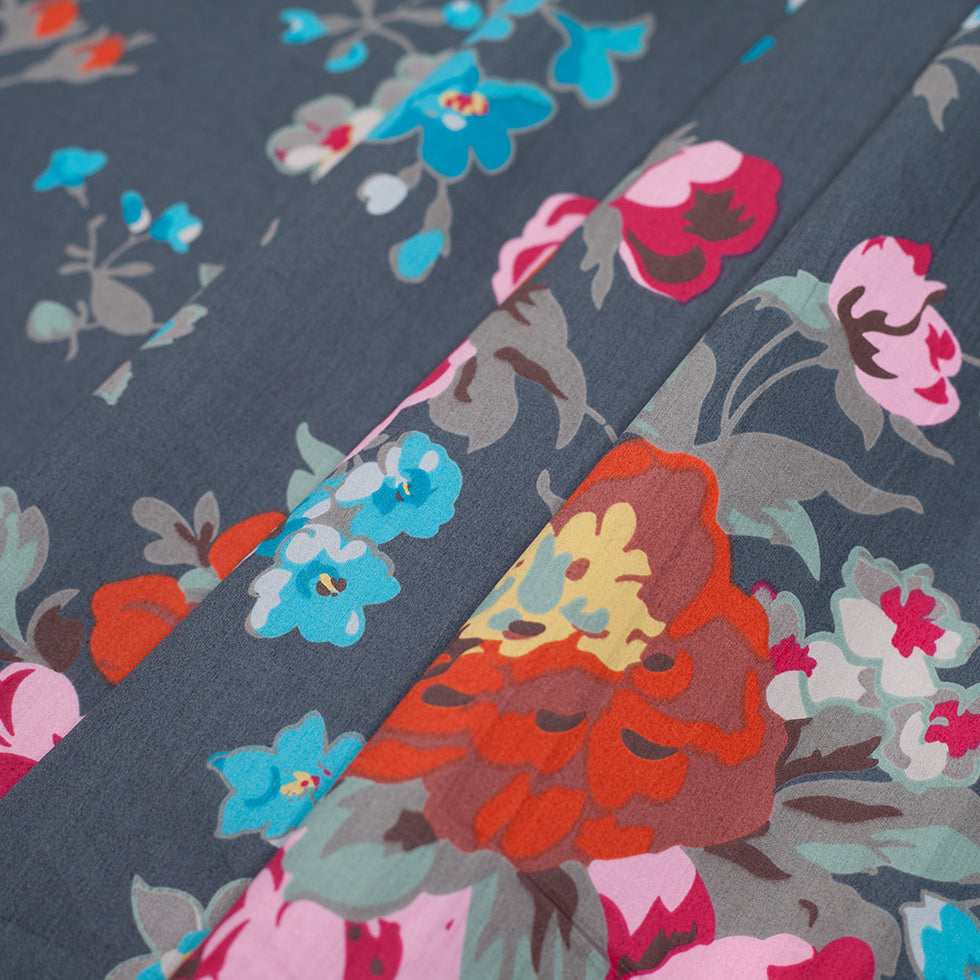Charcoal Floral Printed Cotton Sateen - Detail