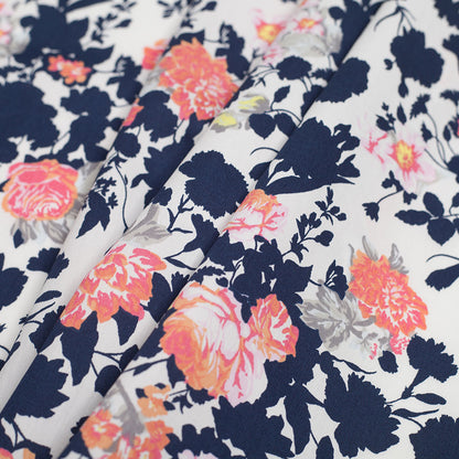 Navy/White/Orange Floral Cotton Sateen Print Detail