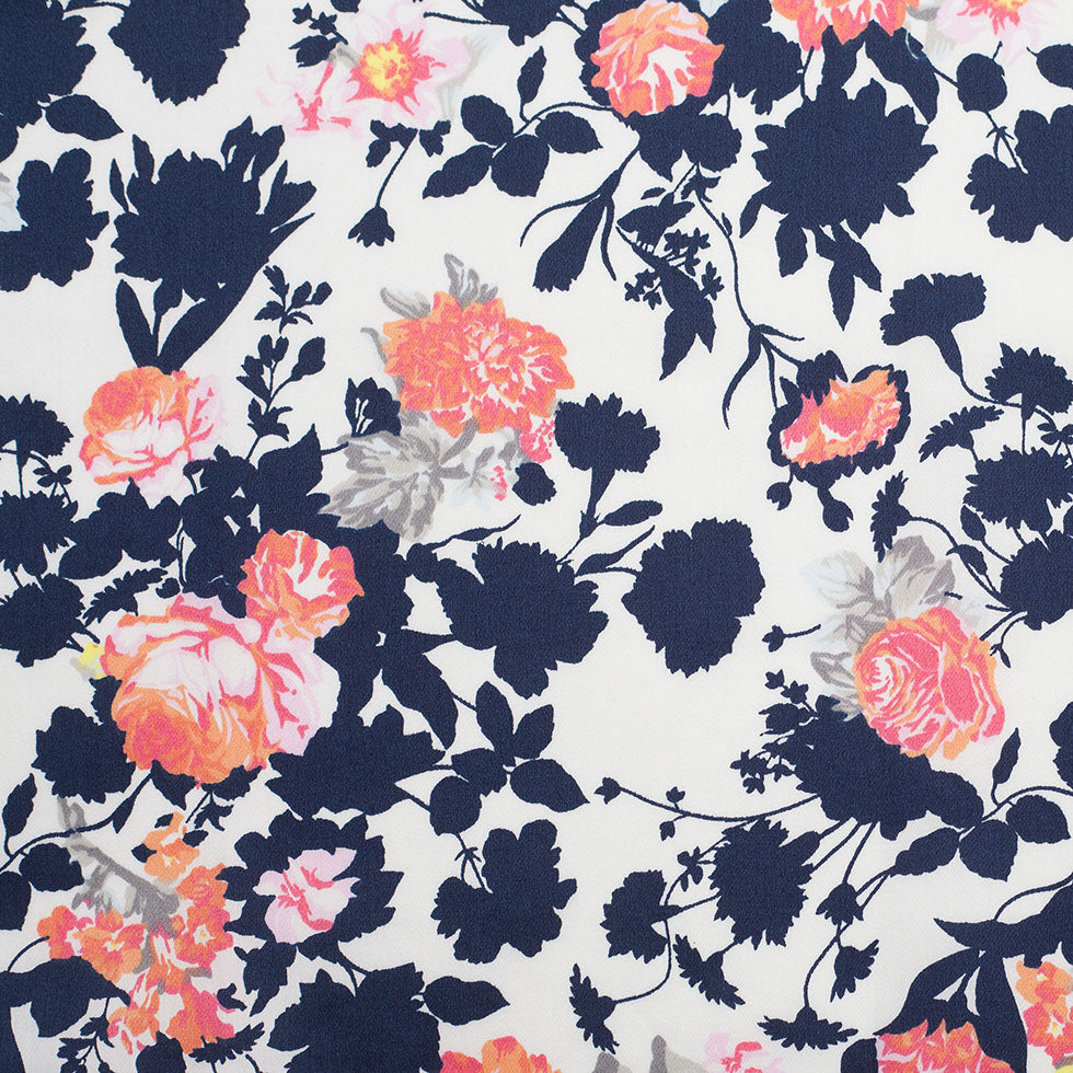 Navy/White/Orange Floral Cotton Sateen Print