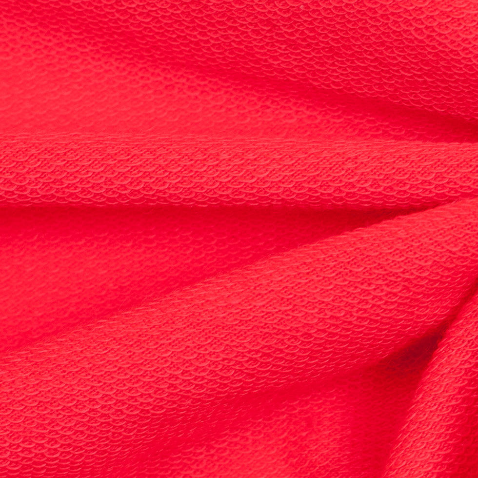 Neon Coral Polyester-Rayon Stretch French Terry Cloth Detail