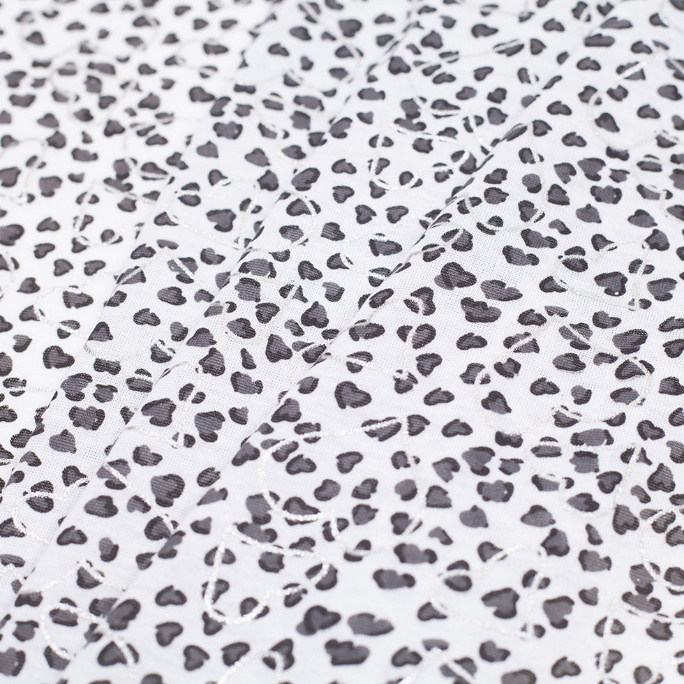 Charcoal Foil Hearts Stretch Polyester Jersey Folded