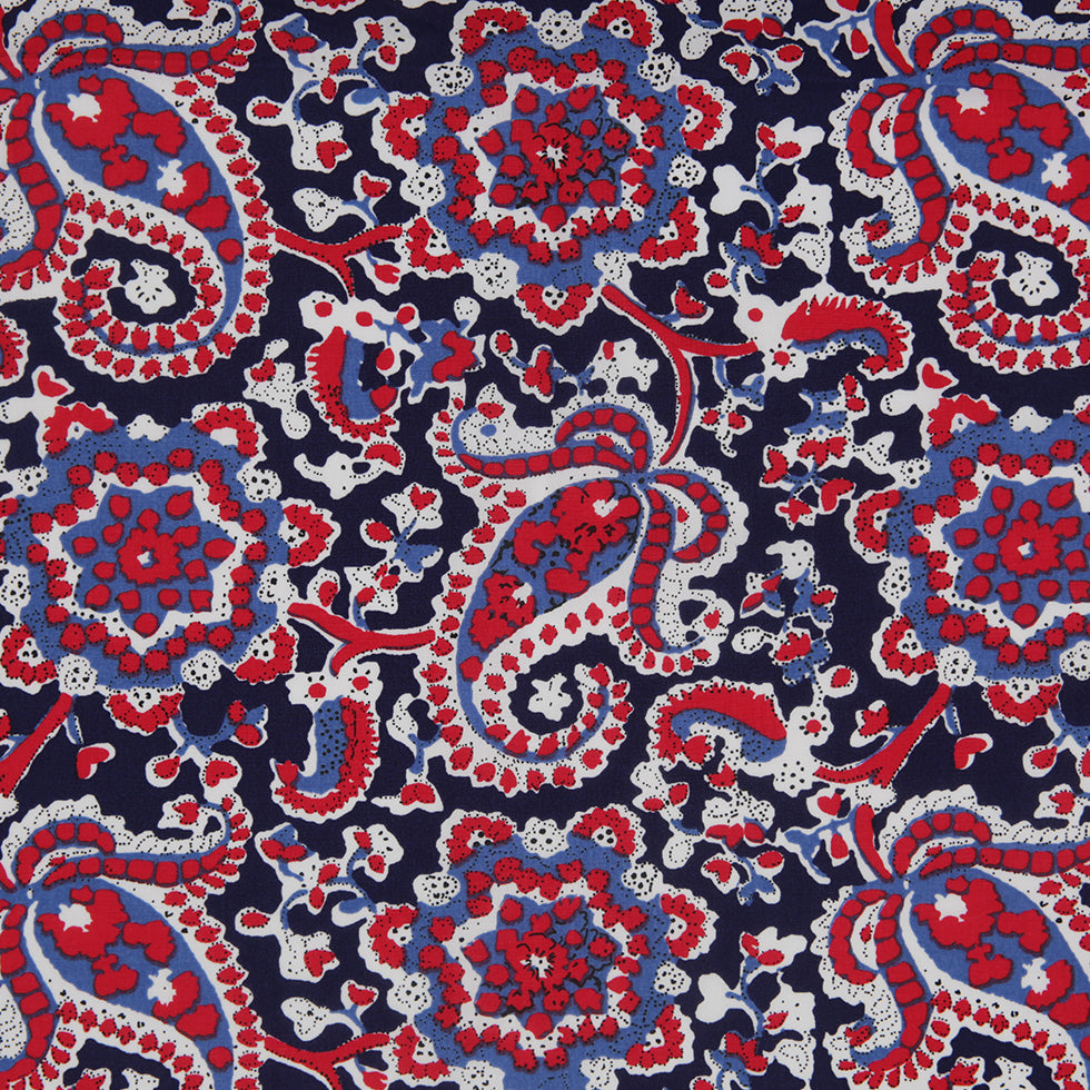 Navy/Red Paisley Printed Stretch Cotton Poplin