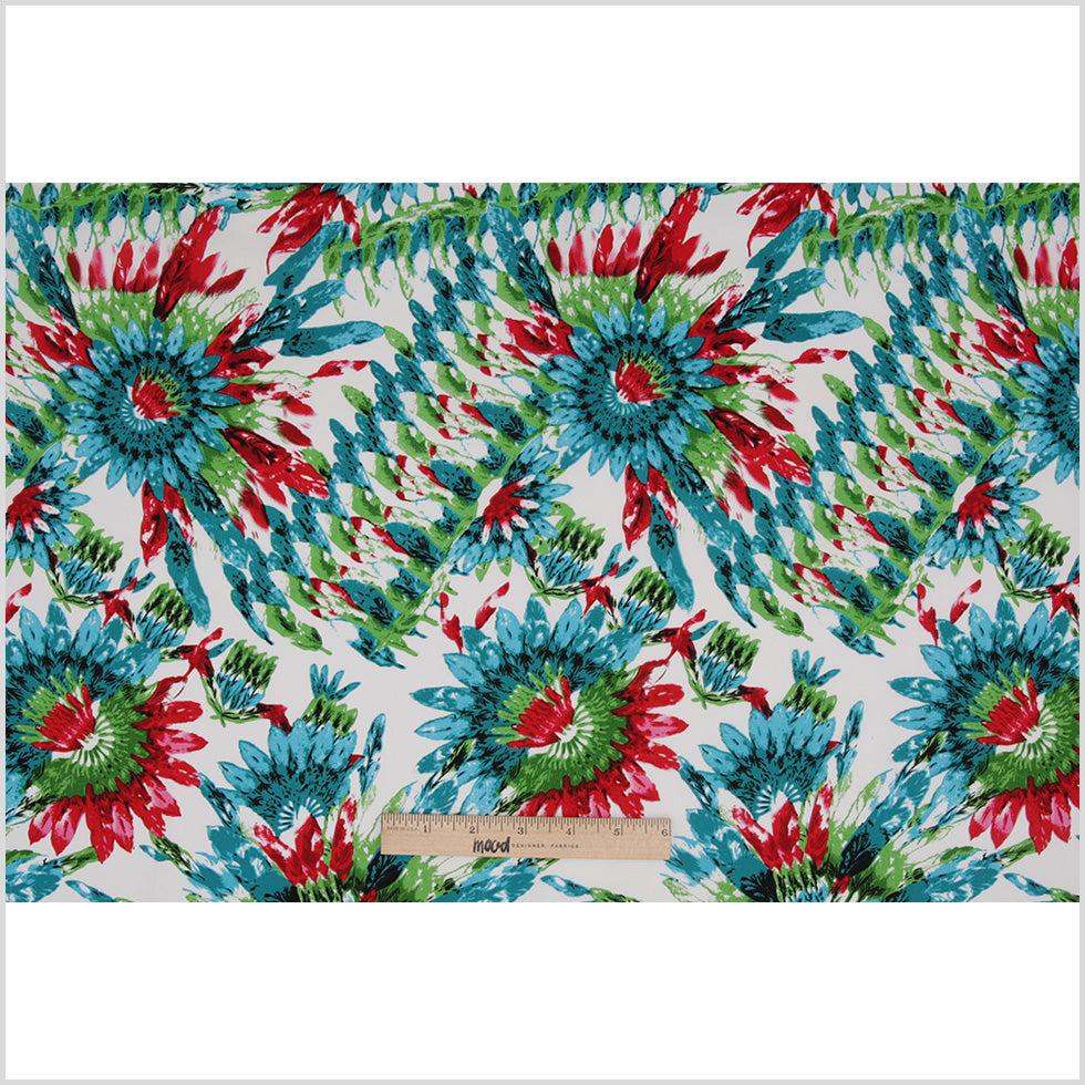 Teal/Green/Red Feather Printed Stretch Cotton Twill Folded