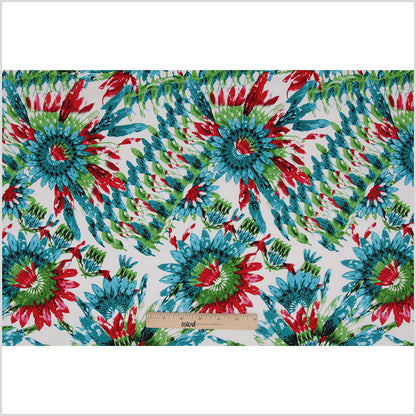 Teal/Green/Red Feather Printed Stretch Cotton Twill Folded