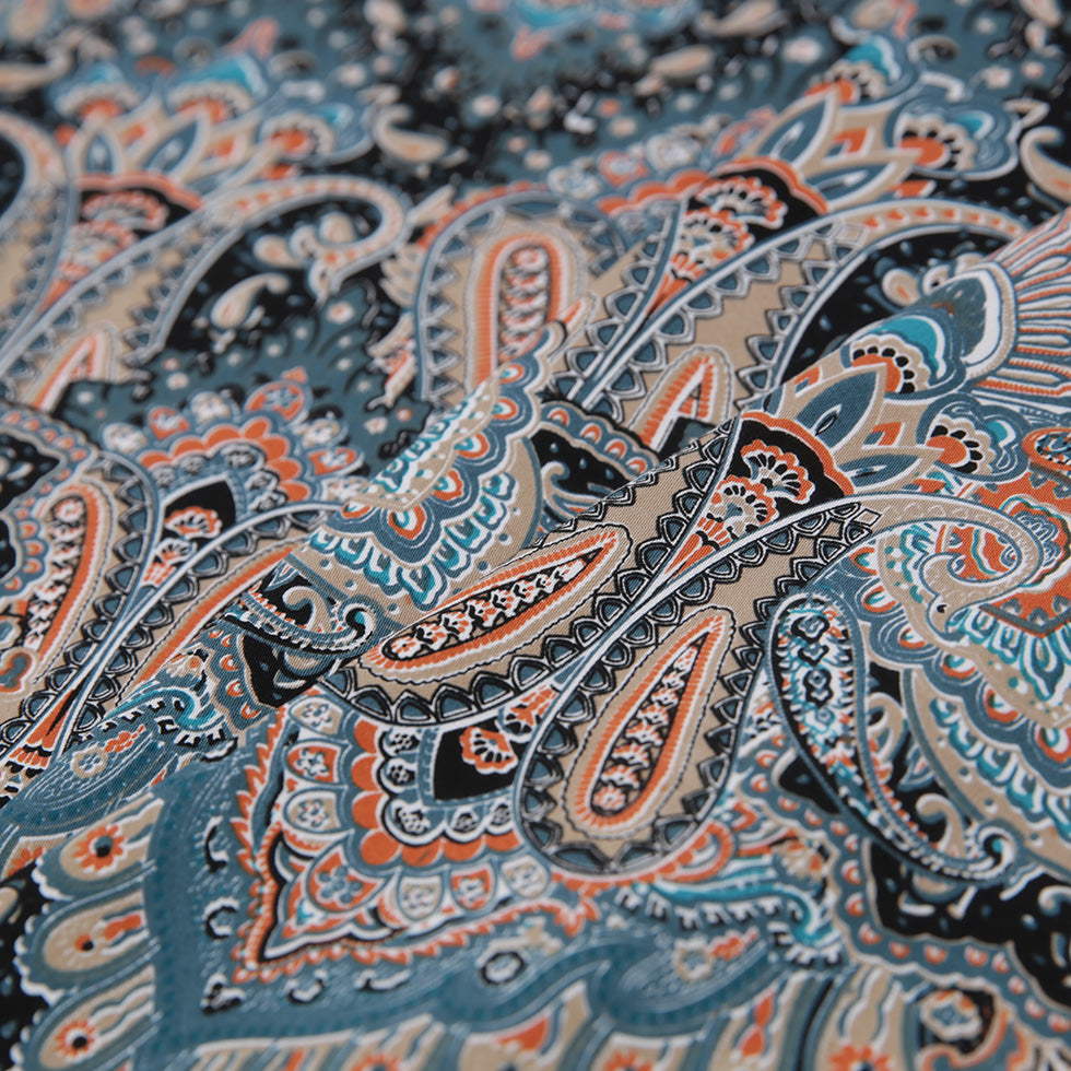 Pacific Green Paisley Printed Corded Cotton Sateen - Folded