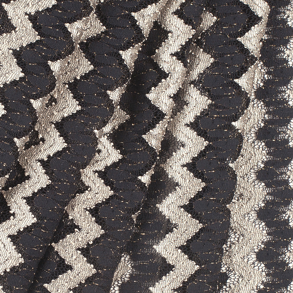 Metallic Black/Cream Zig-Zag Stretch Polyester Lacey Knit Folded