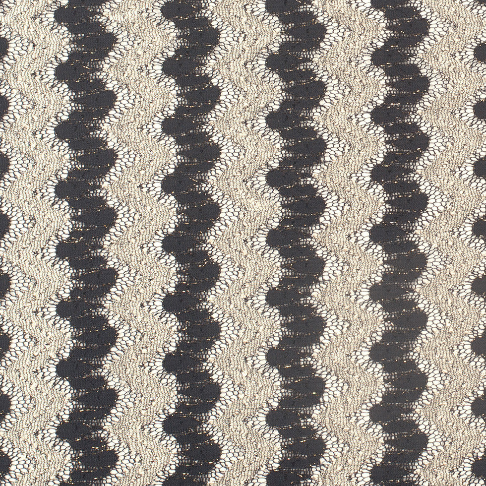 Metallic Black/Cream Zig-Zag Stretch Polyester Lacey Knit