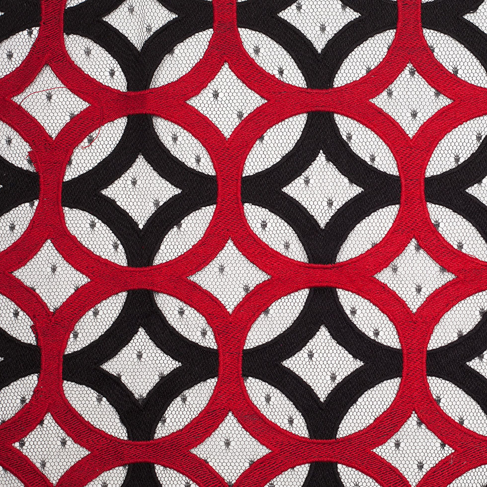 Black and Red Circular Geometric Nylon Lace with Netting
