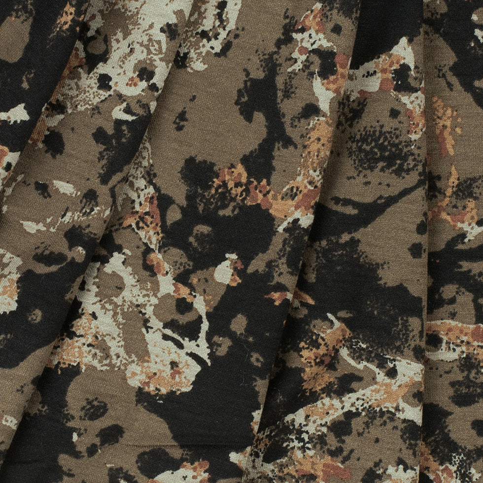 Brown and Olive Abstract Rayon Stretch Jersey Detail