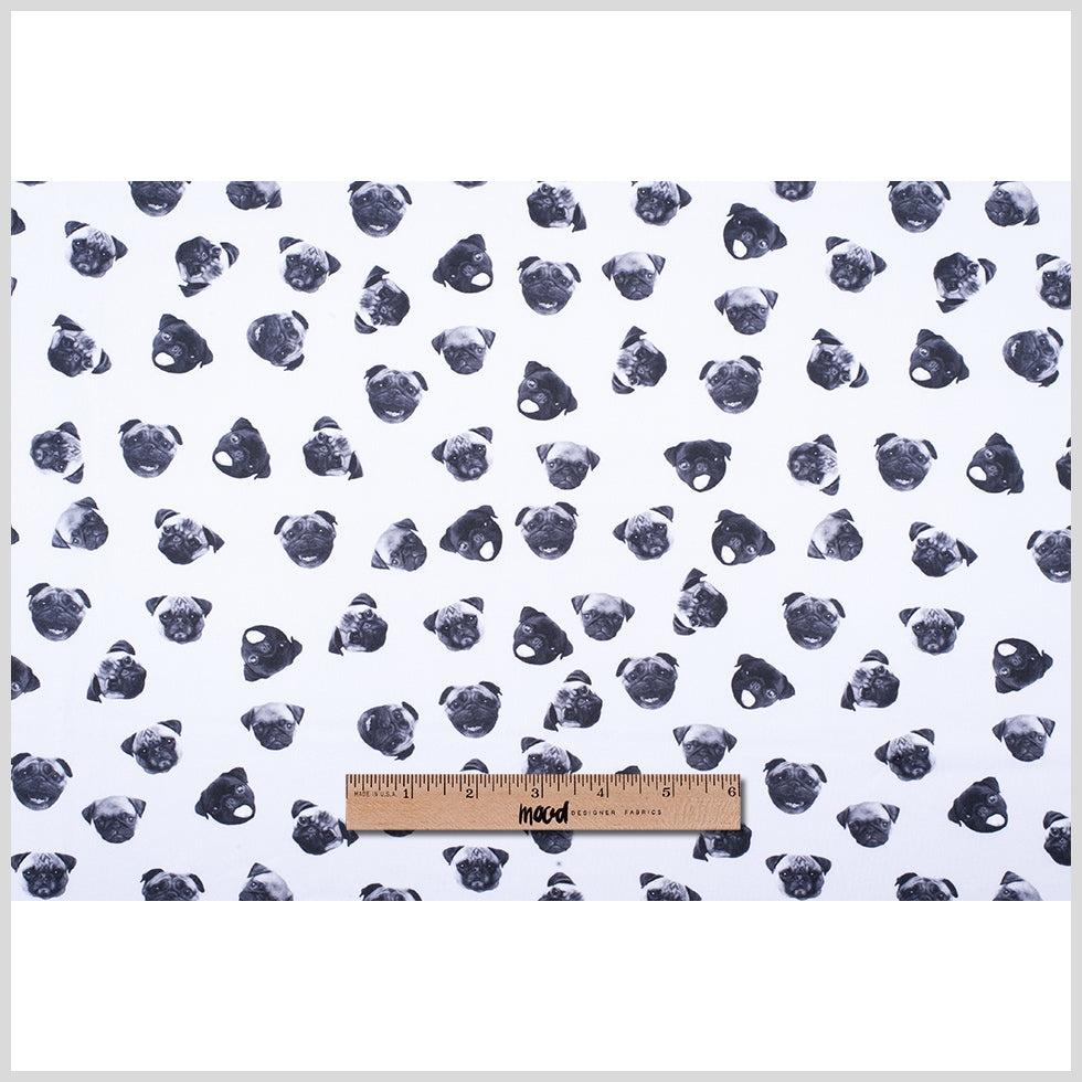 Black/White Digitally Printed Pugs Stretch Neoprene/Scuba Knit Folded
