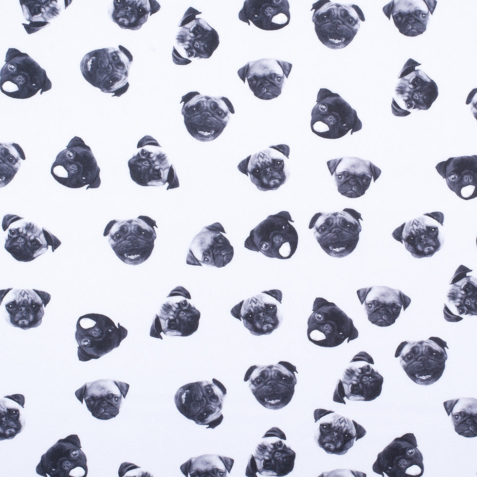 Black/White Digitally Printed Pugs Stretch Neoprene/Scuba Knit