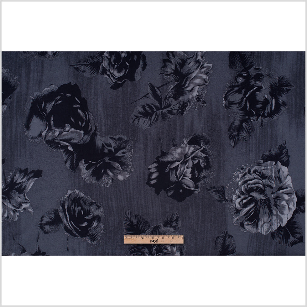 Black/Gray Floral Roses Silk Charmeuse Full