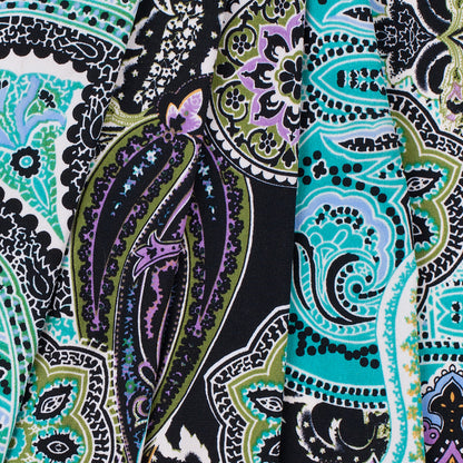 Turquoise/Purple/Black Paisley Stretch Polyester Jersey Folded