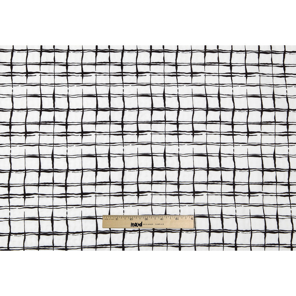 White/Black Abstract Grid Rayon-Cotton Poplin - Folded