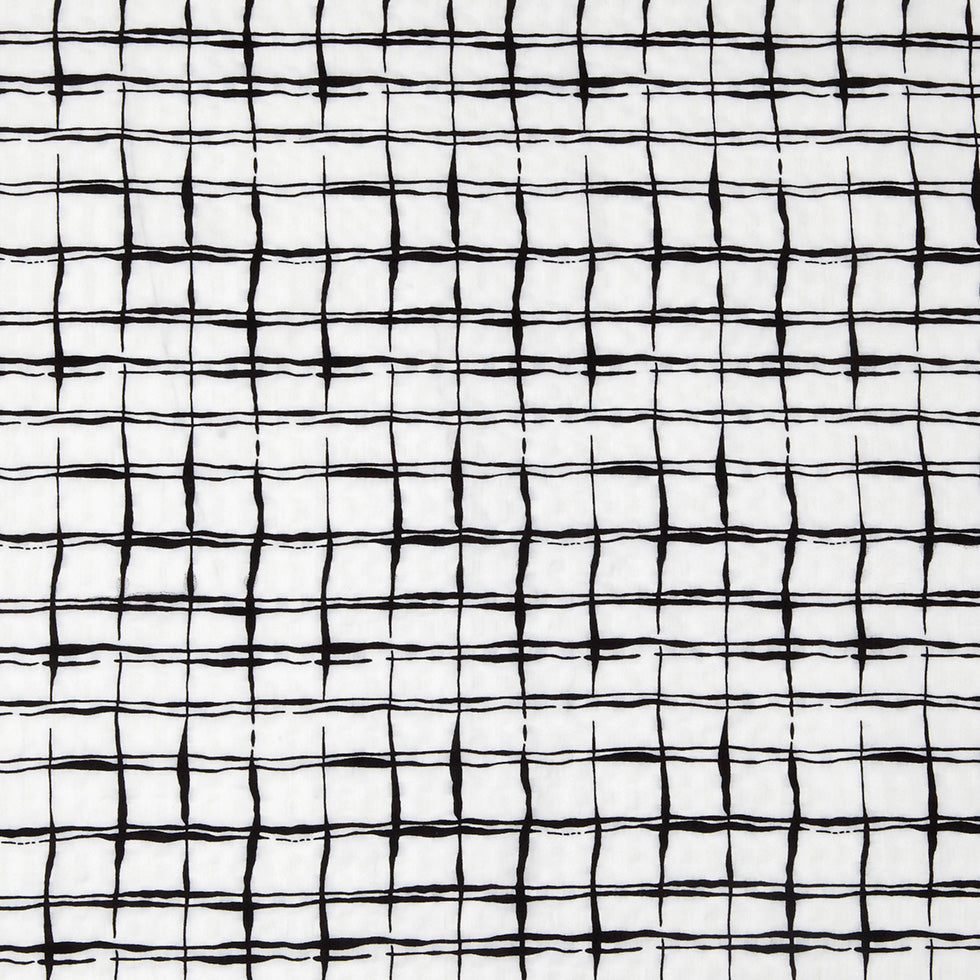 White/Black Abstract Grid Rayon-Cotton Poplin
