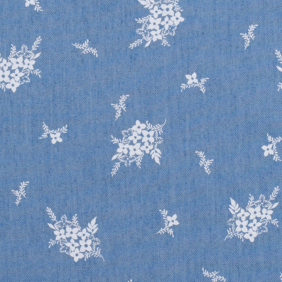 Dusted Blue Floral Bouquet Cotton-Poly Chambray Full