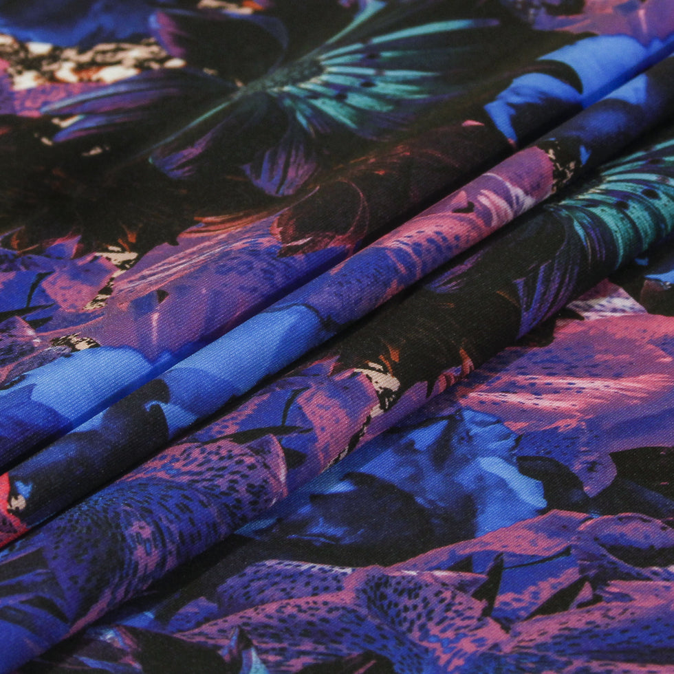 Rich Purple/Blue Floral Digitally Printed Stretch Neoprene/Scuba Knit Detail