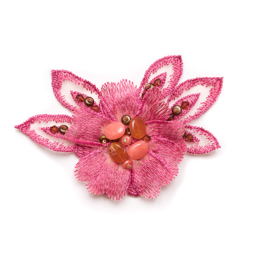 Pink Beaded Flower Applique - 5"