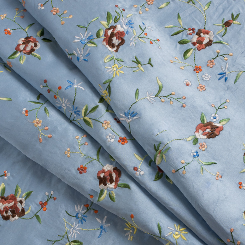 Powder Blue Floral Embroidered Silk Woven Folded