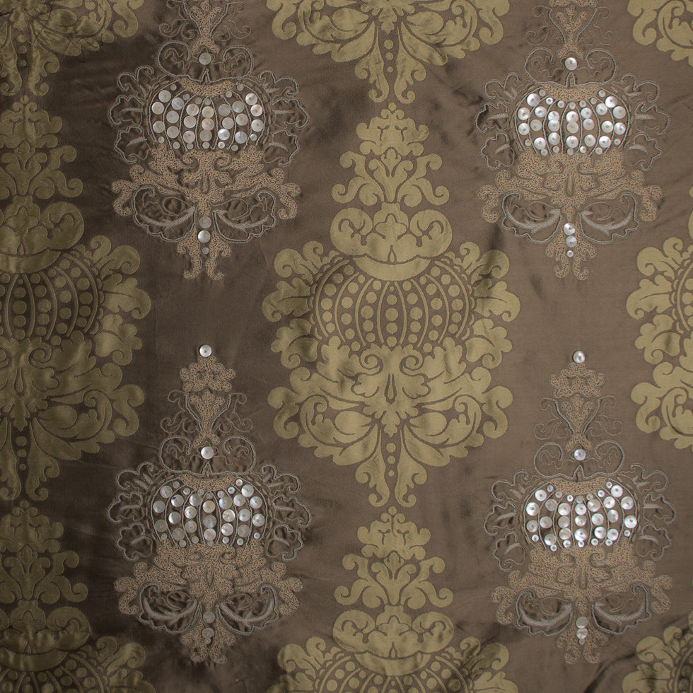 Elmwood Green Embroidered Silk Twill Brocade