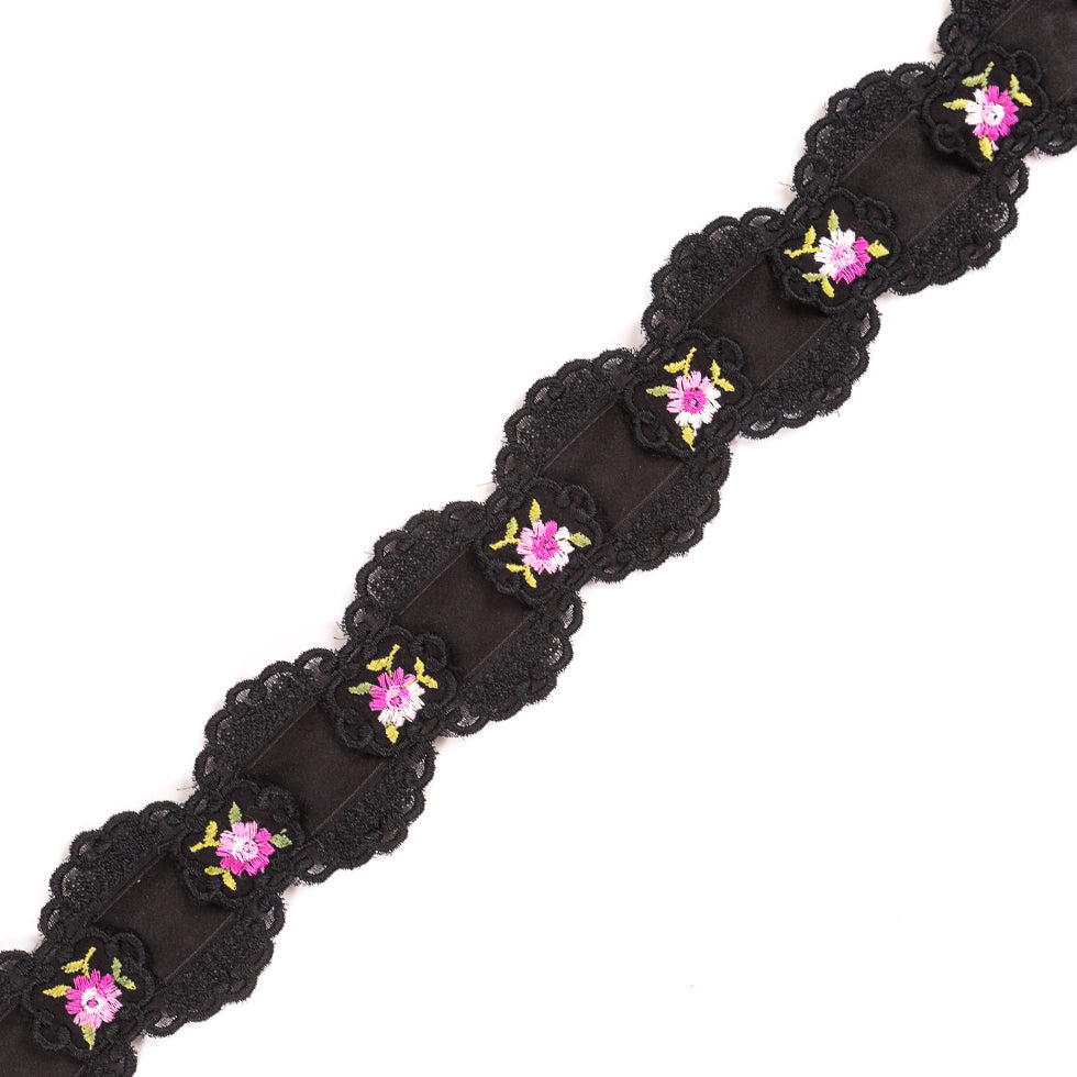 Black Raschel Lace Trimming with Satin Ribbon Detail - 2.25"