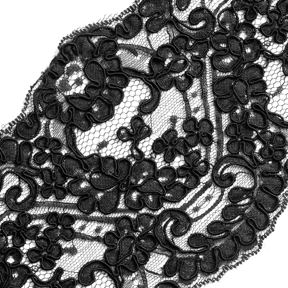 Black Floral Corded Lace Trim - 5" Detail