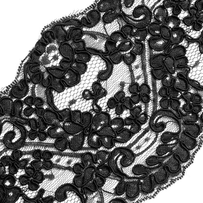 Black Floral Corded Lace Trim - 5" Detail