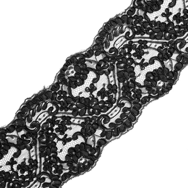 Black Floral Corded Lace Trim - 5"