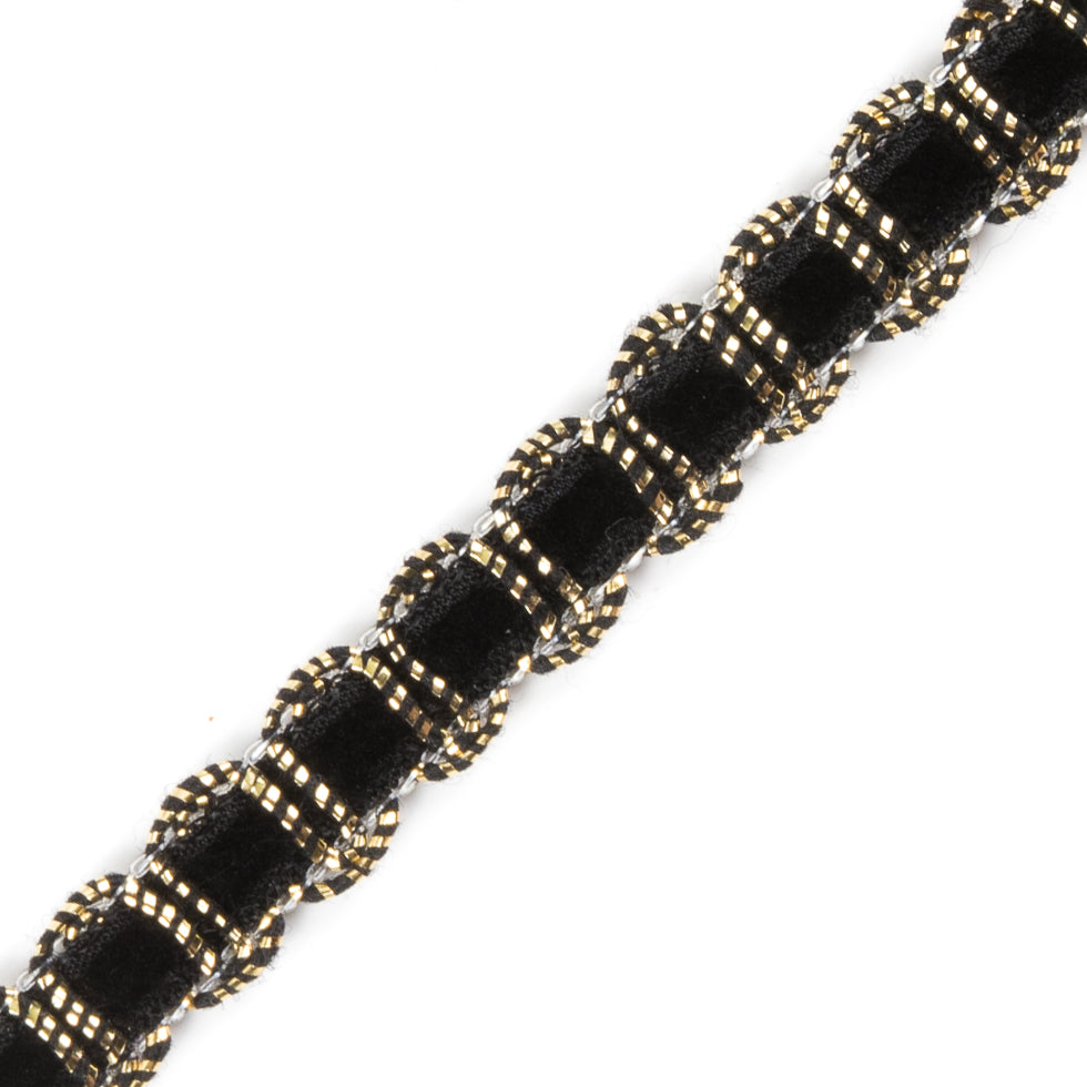 Gold Braid Around Black Velvet Trimming - 0.25" Detail