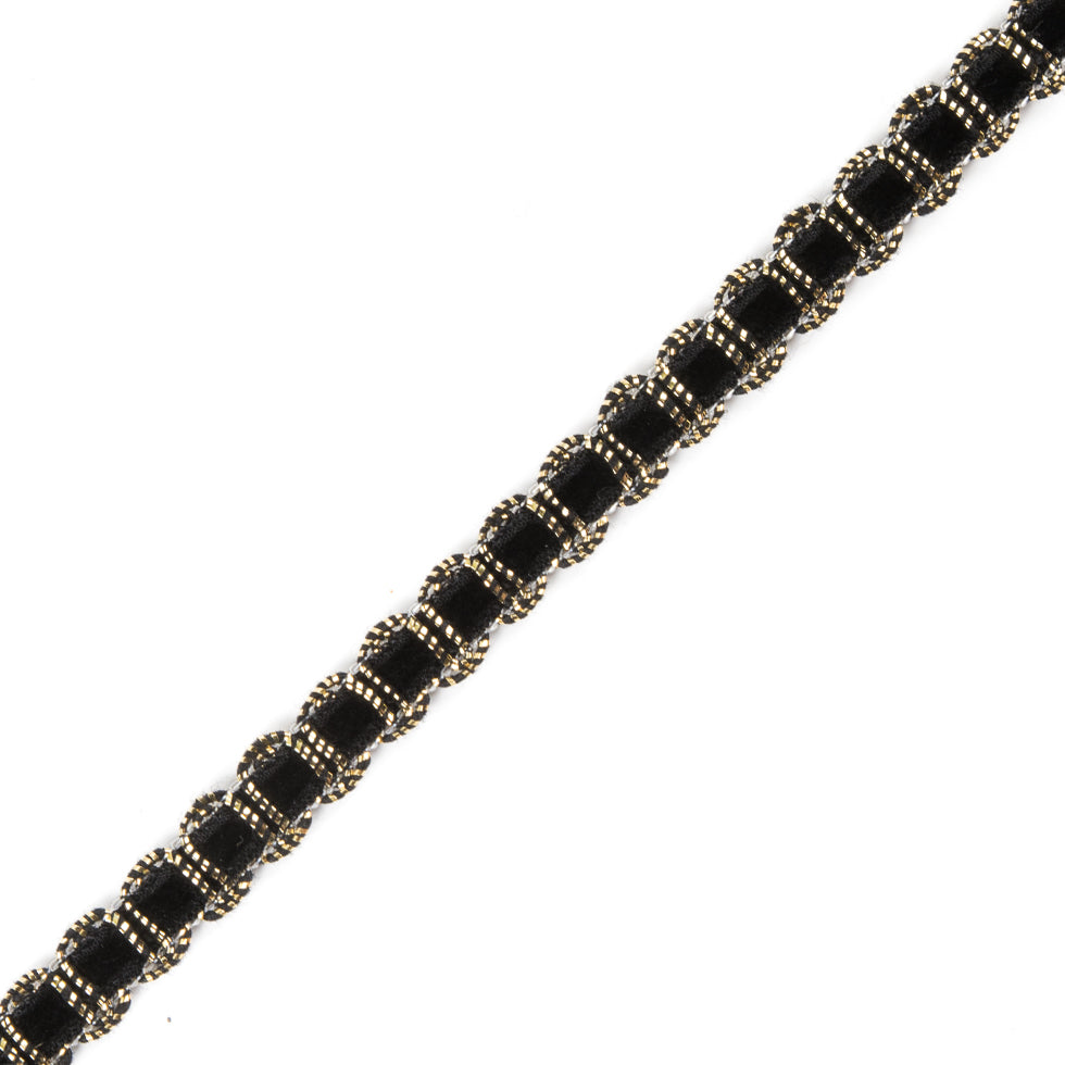 Gold Braid Around Black Velvet Trimming - 0.25"