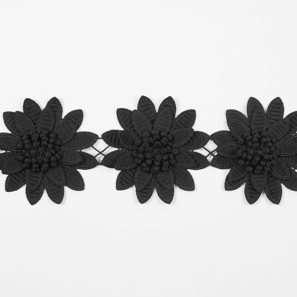 Black 3D Floral Lace Trim - 3.75"