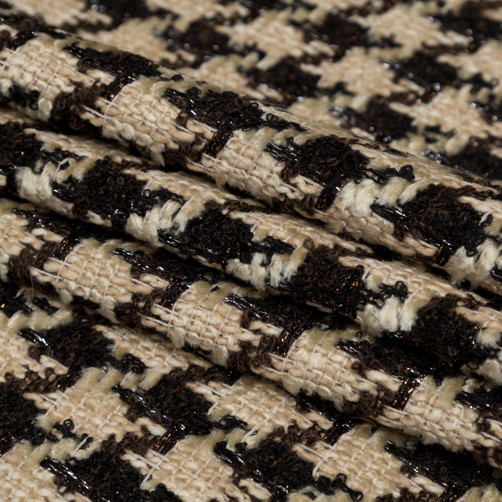 Metallic Sesame and Chestnut Houndstooth Wool Tweed Folded