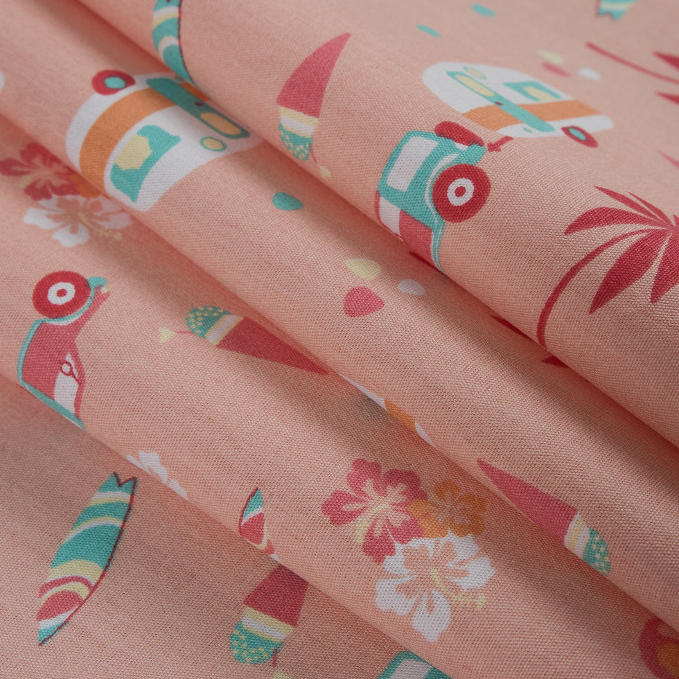 Scallop Shell/Persimmon Printed Trailers, Palm Trees, Ice Cream and Flamingos on Organic Cotton Poplin Folded