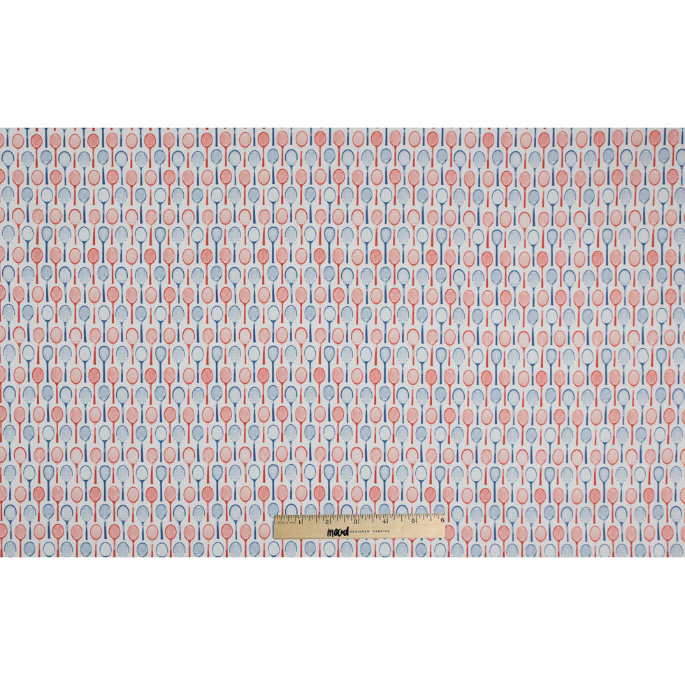 Red/White/Blue Tennis Racquet Printed Organic Cotton Shirting Folded