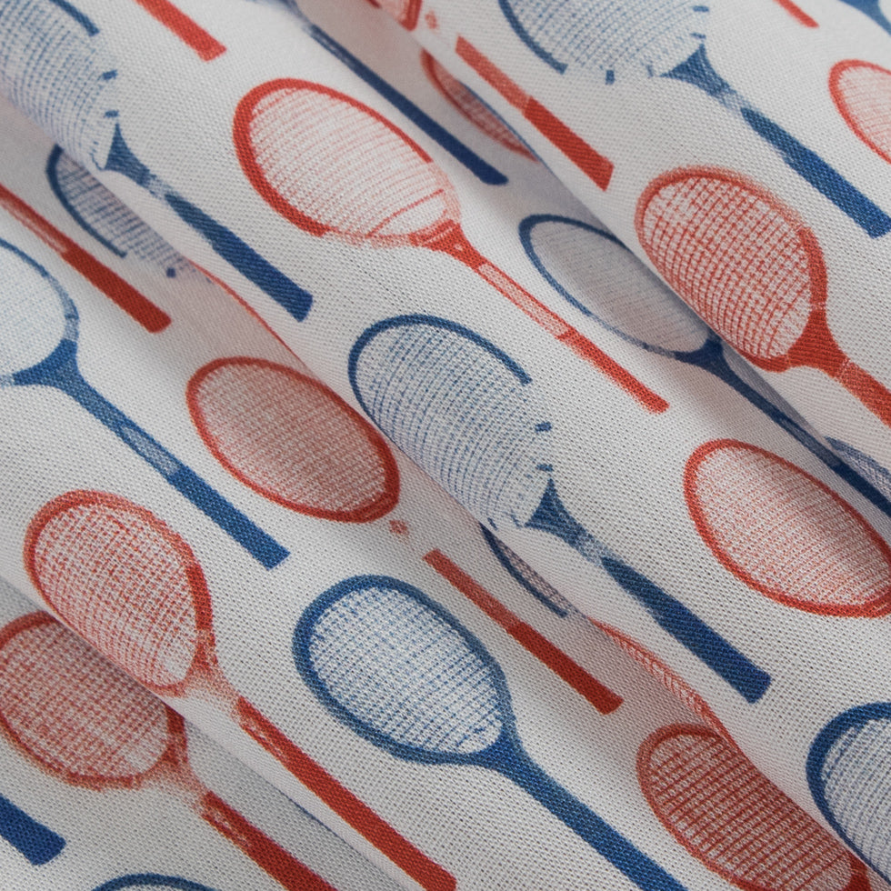 Red/White/Blue Tennis Racquet Printed Organic Cotton Shirting Detail