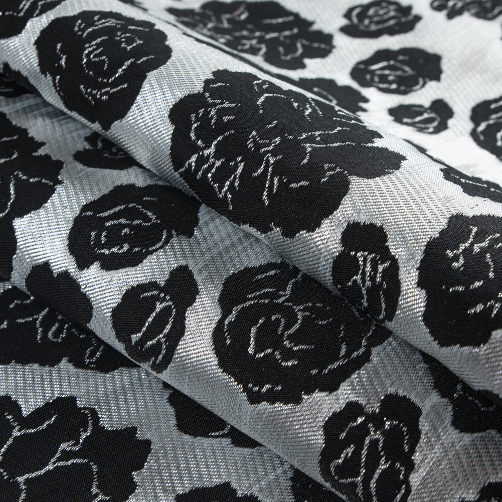 Metallic Silver/Pink Floral Polyester Brocade - Folded