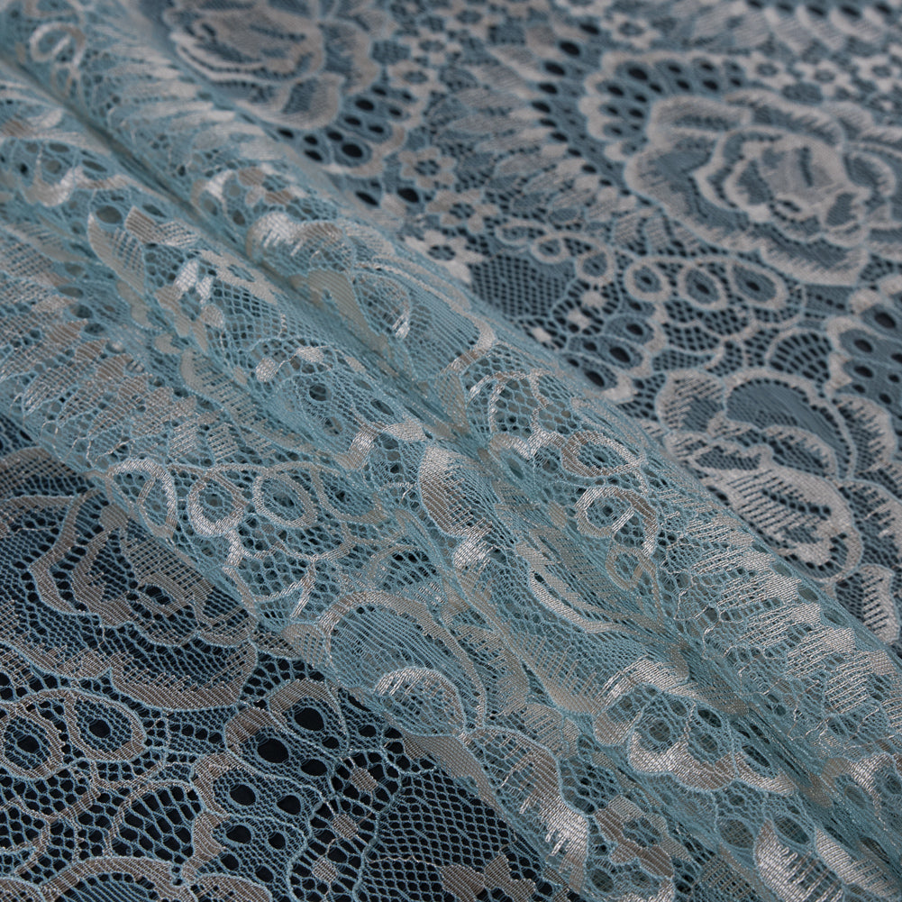 Powder Blue and Metallic Gold Floral Lace With Scalloped Edges Detail