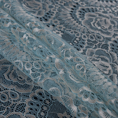 Powder Blue and Metallic Gold Floral Lace With Scalloped Edges Detail