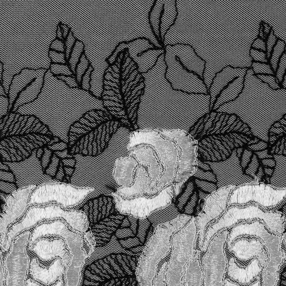 Black and White Floral Emboidery on Mesh - 5" Detail