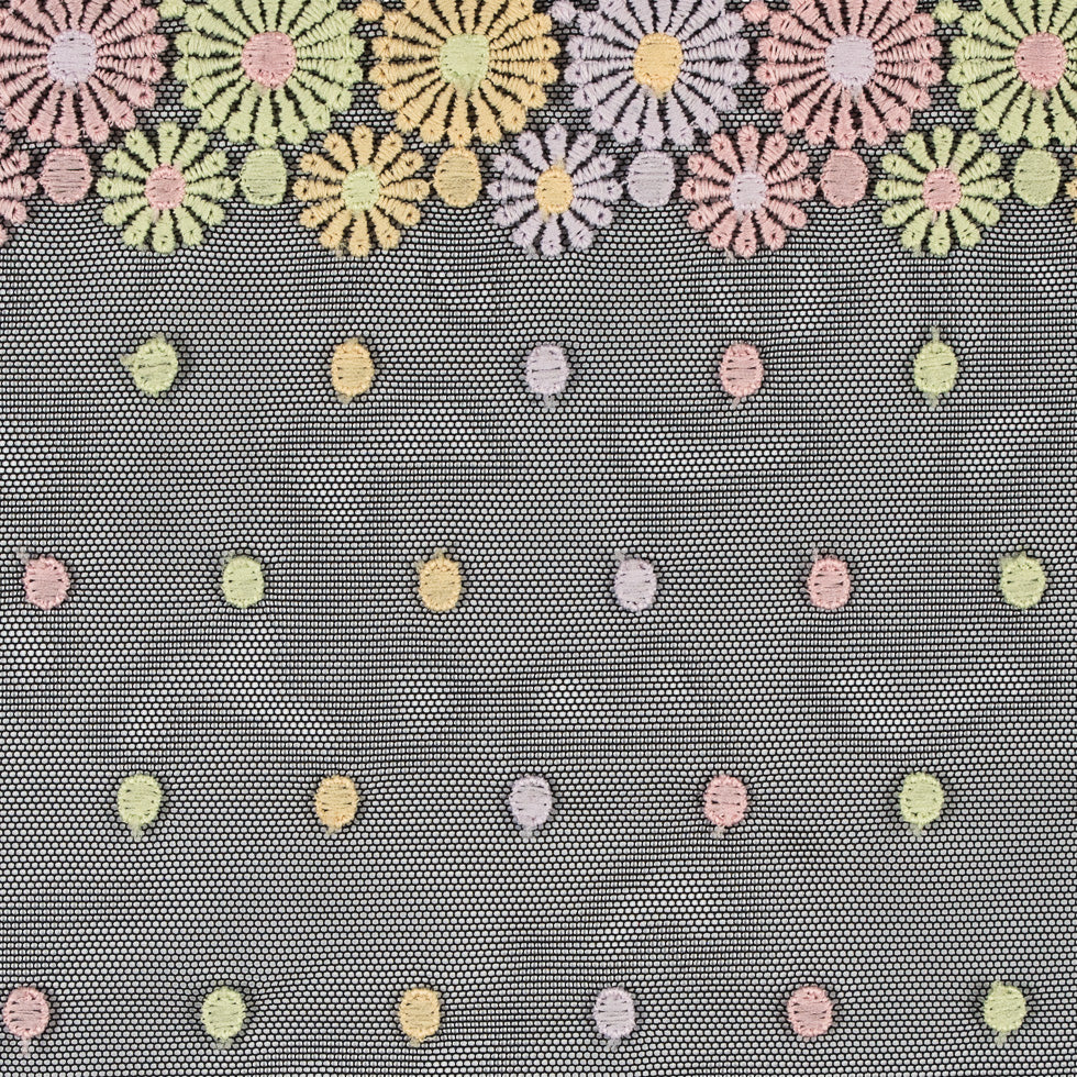 Pastel Floral Embroidery on Black Mesh - 6.5 - Detail