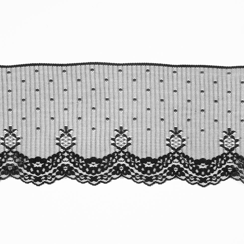 Black Striped and Spotted Floral Lace Trim - 5.75"