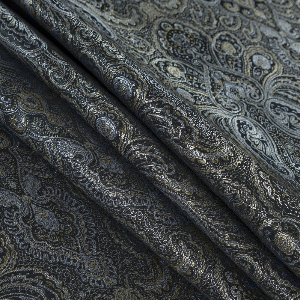 Radiant Platinum and Black Paisley Damask Jacquard Detail