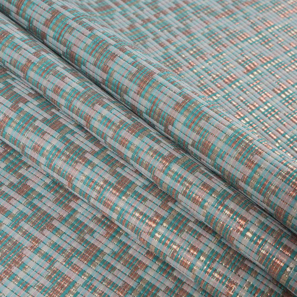 Ivory, Sea Green and Light Coral Metallic Brocade - Folded