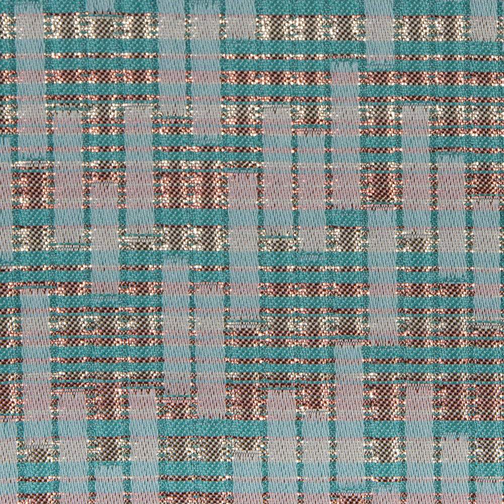 Ivory, Sea Green and Light Coral Metallic Brocade - Detail
