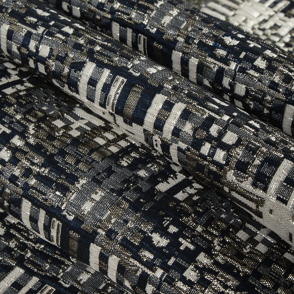 Metallic Silver/Patriot Blue/Ivory Abstract Geometric Polyester Brocade - Folded