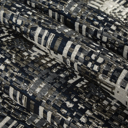 Metallic Silver/Patriot Blue/Ivory Abstract Geometric Polyester Brocade - Folded