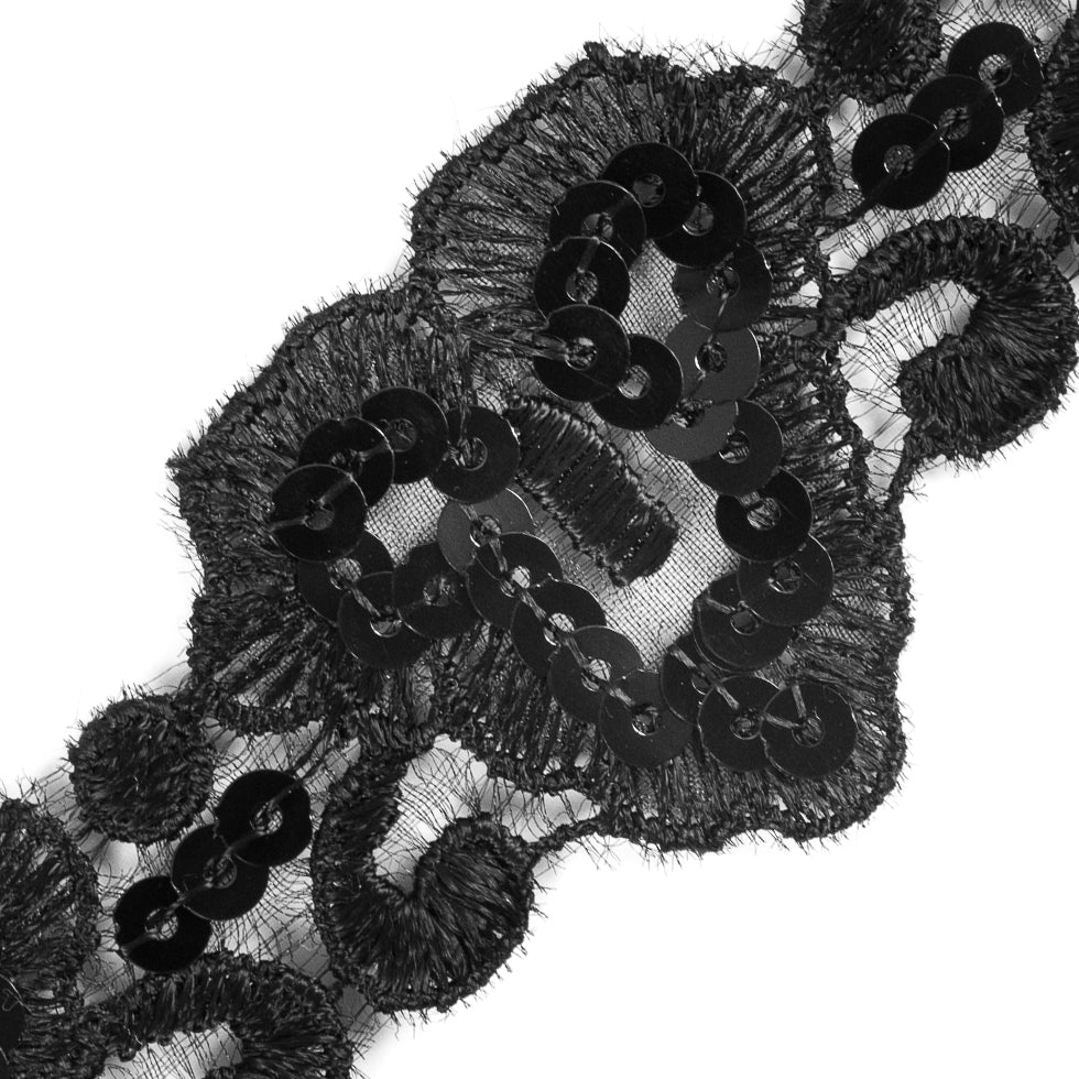 Black Embroidered Organza Sequin Trim - 1.5" Detail