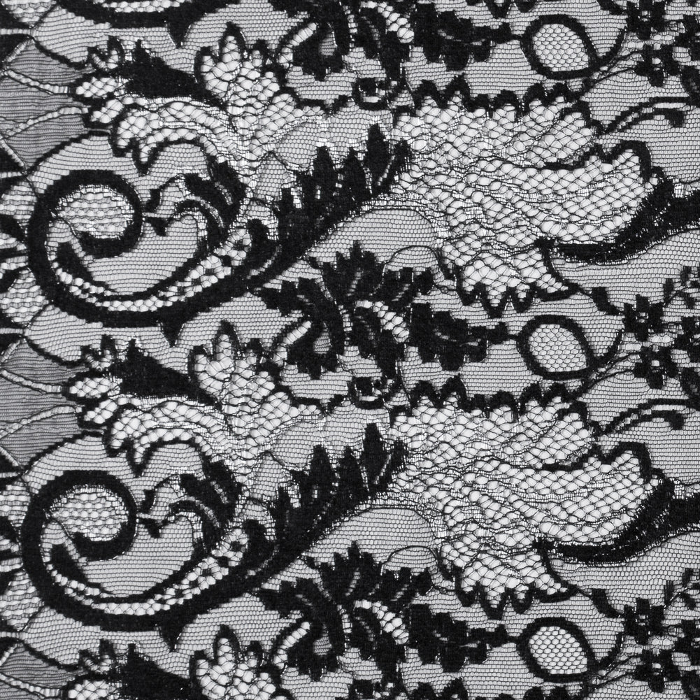 Re-Embroidered Lace with Scalloped Eyelash Edges 23" - Black Leaves