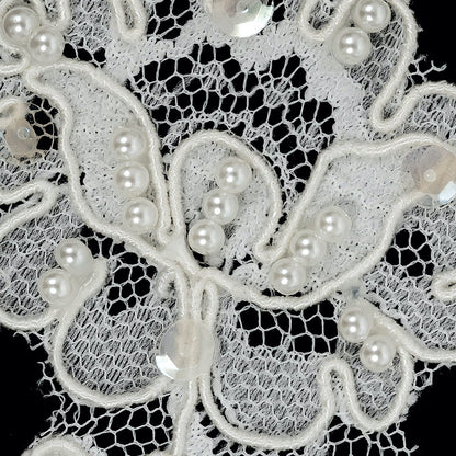 Cream Beaded, Sequined and Corded Lace Applique - 6" Detail